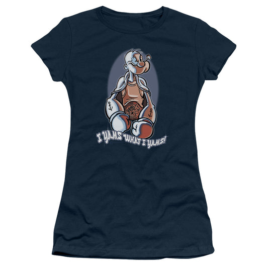 Popeye I Yams Junior Sheer Cap Sleeve Womens T Shirt Navy