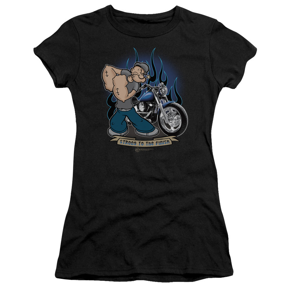 Popeye Biker Popeye Junior Sheer Cap Sleeve Womens T Shirt Black