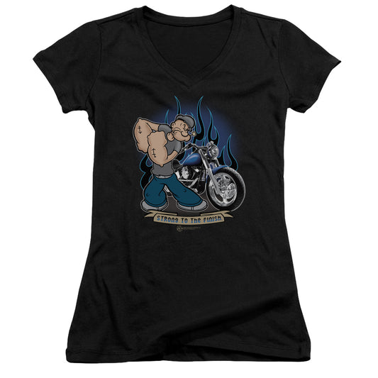 Popeye Biker Popeye Junior Sheer Cap Sleeve V Neck Womens T Shirt Black