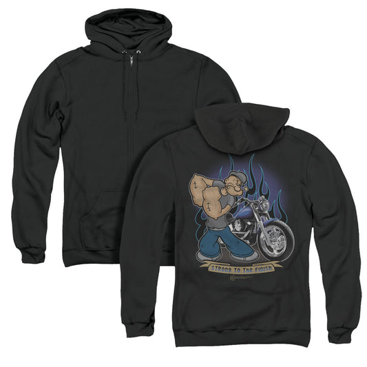 Popeye Biker Popeye Back Print Zipper Mens Hoodie Black