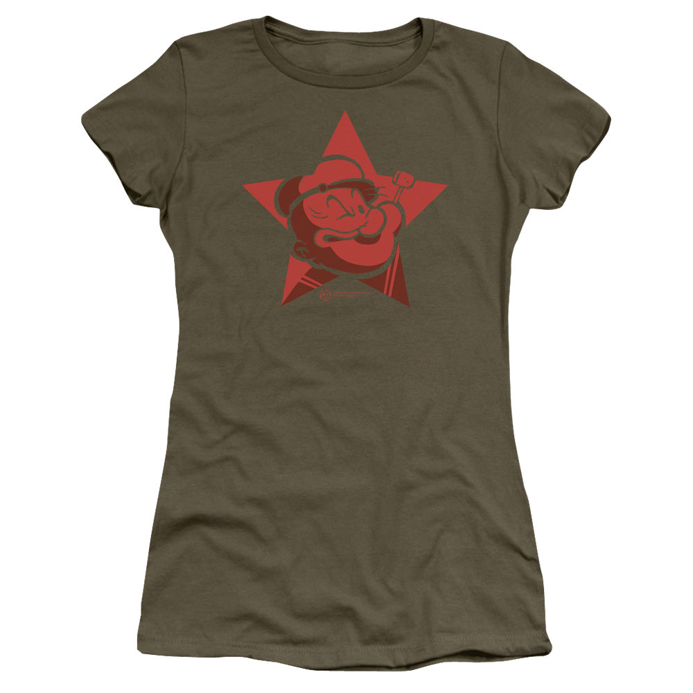 Popeye Red Star Junior Sheer Cap Sleeve Womens T Shirt Military Green