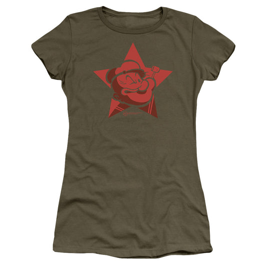 Popeye Red Star Junior Sheer Cap Sleeve Womens T Shirt Military Green