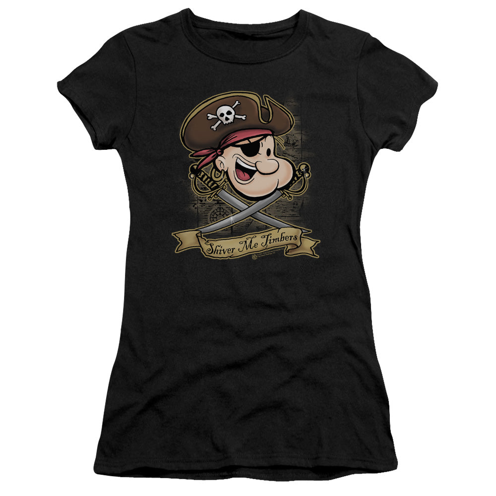 Popeye Shiver Me Timbers Junior Sheer Cap Sleeve Womens T Shirt Black