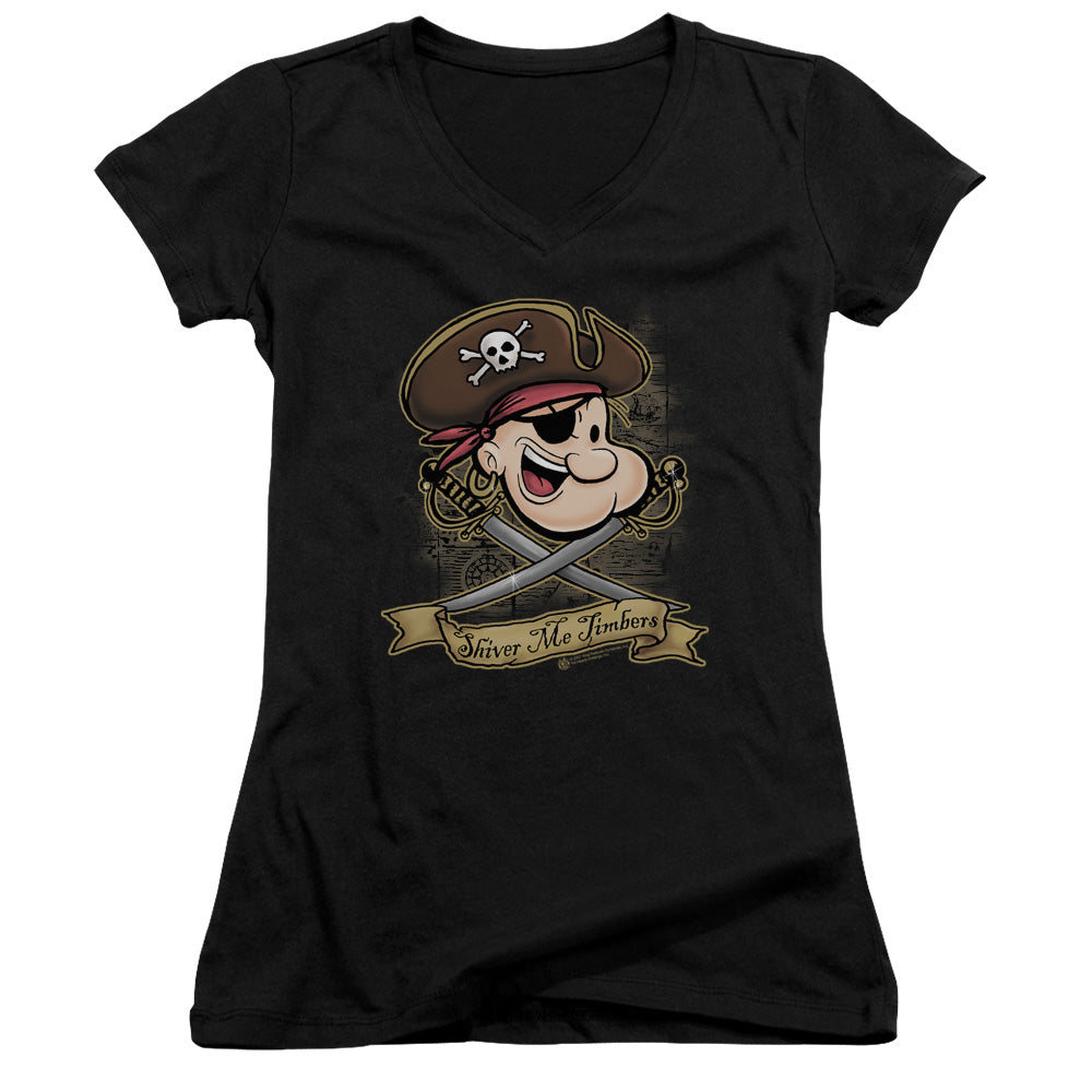 Popeye Shiver Me Timbers Junior Sheer Cap Sleeve V Neck Womens T Shirt Black