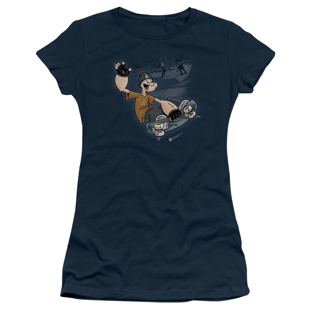 Popeye Sk8 Junior Sheer Cap Sleeve Womens T Shirt Navy