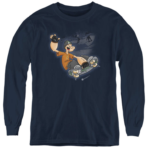 Popeye Popeye Sk8 Long Sleeve Kids Youth T Shirt Navy