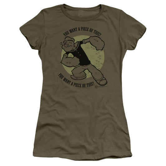 Popeye You Want A Piece Junior Sheer Cap Sleeve Womens T Shirt Military Green