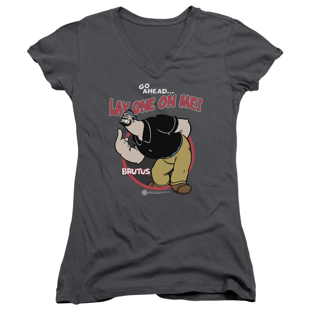 Popeye Lay One On Me Junior Sheer Cap Sleeve V Neck Womens T Shirt Charcoal