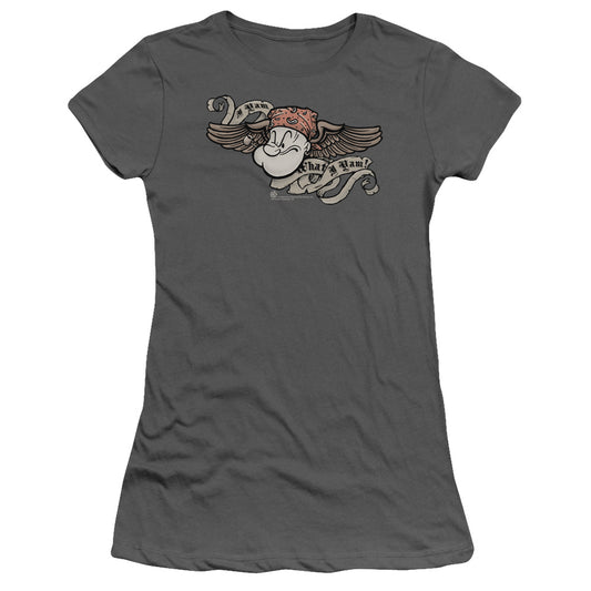 Popeye I Am Junior Sheer Cap Sleeve Womens T Shirt Charcoal