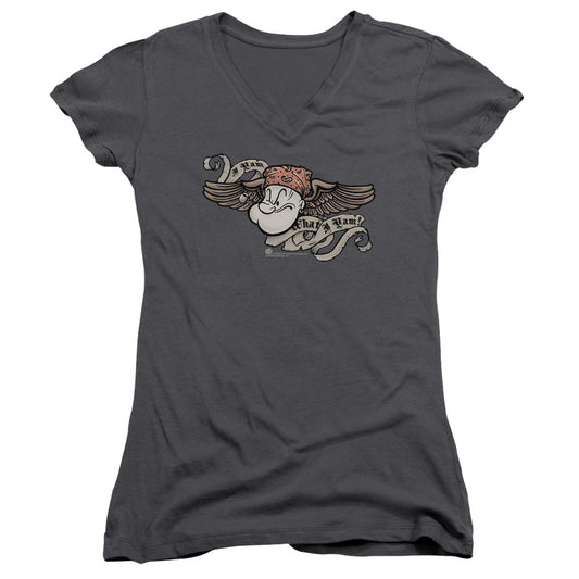 Popeye I Am Junior Sheer Cap Sleeve V Neck Womens T Shirt Charcoal