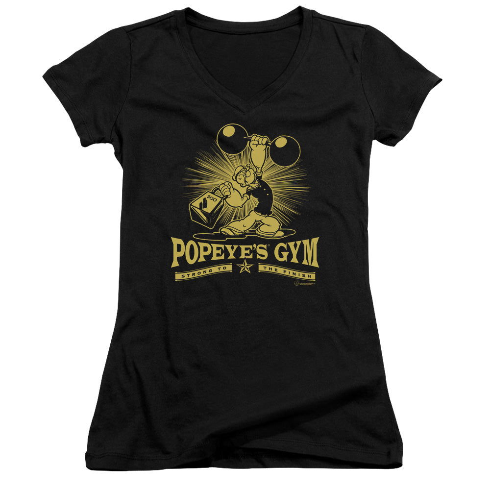 Popeye Popeyes Gym Junior Sheer Cap Sleeve V Neck Womens T Shirt Black