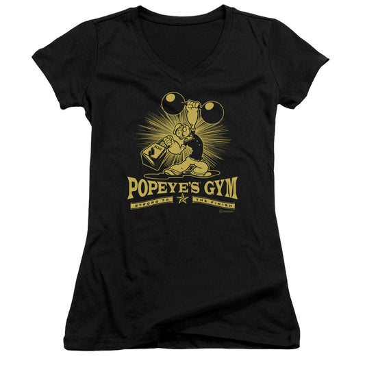 Popeye Popeyes Gym Junior Sheer Cap Sleeve V Neck Womens T Shirt Black