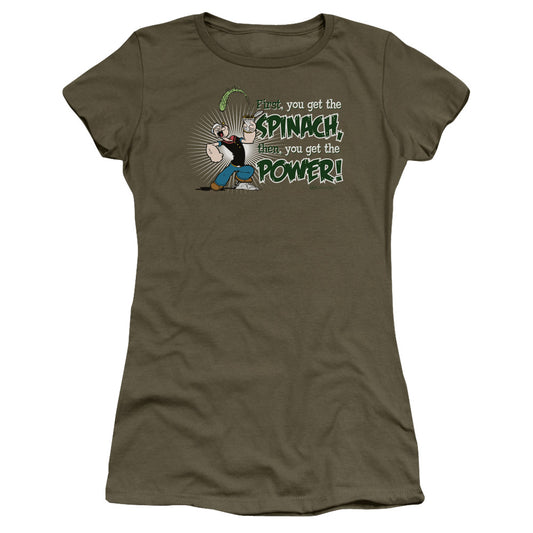 Popeye Spinach Power Junior Sheer Cap Sleeve Womens T Shirt Military Green