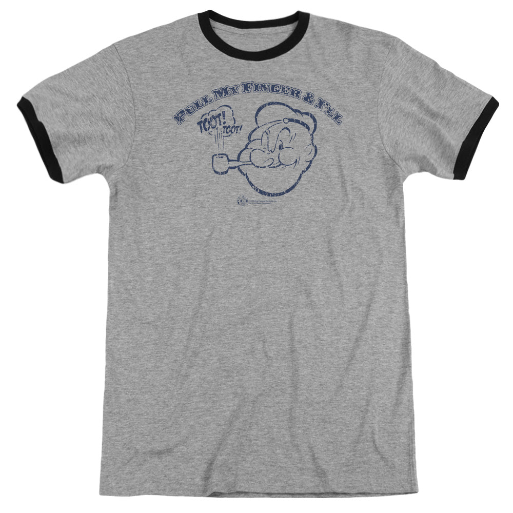 Popeye Toot! Toot! Heather Ringer Mens T Shirt Heather Black