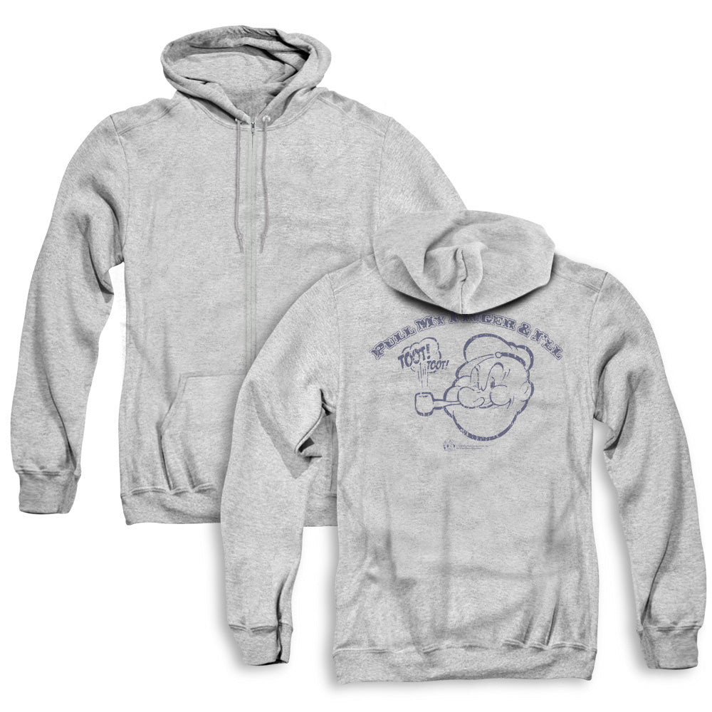 Popeye Toot! Toot! Back Print Zipper Mens Hoodie Athletic Heather