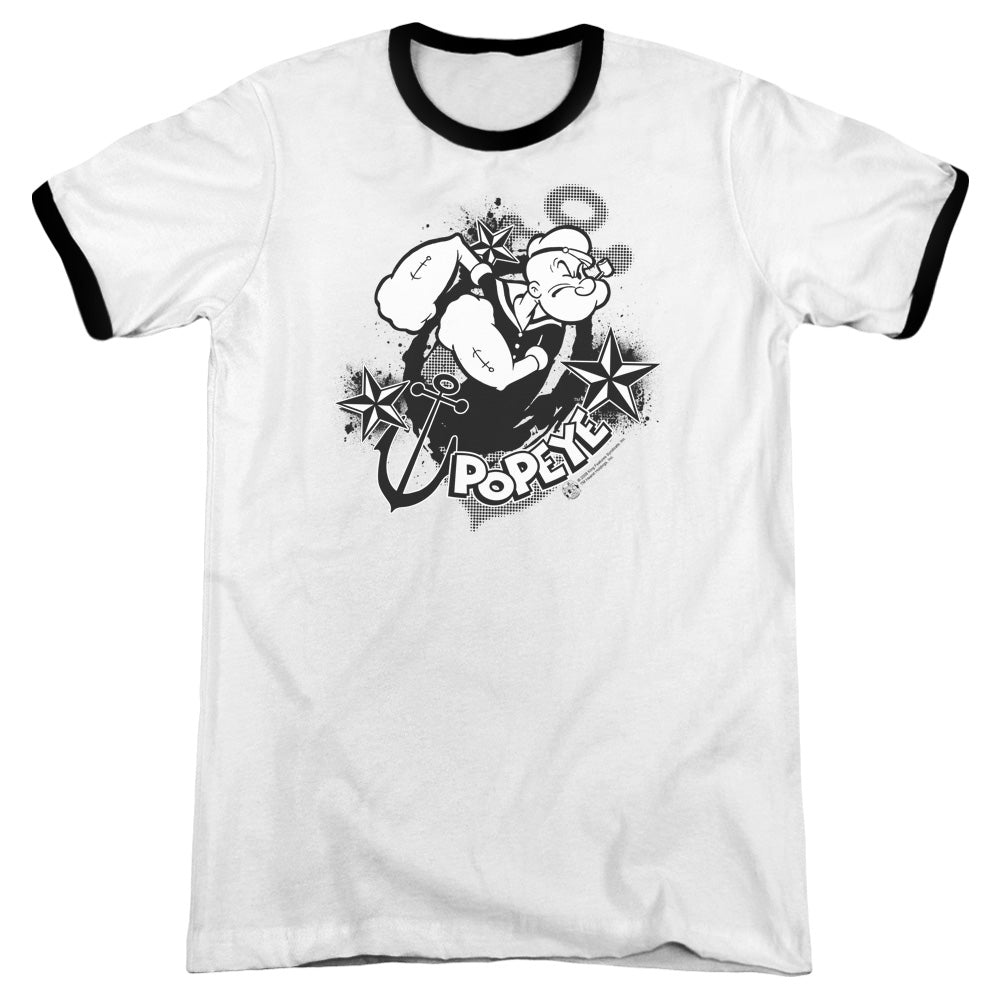 Popeye Stars And Anchor Heather Ringer Mens T Shirt White Black