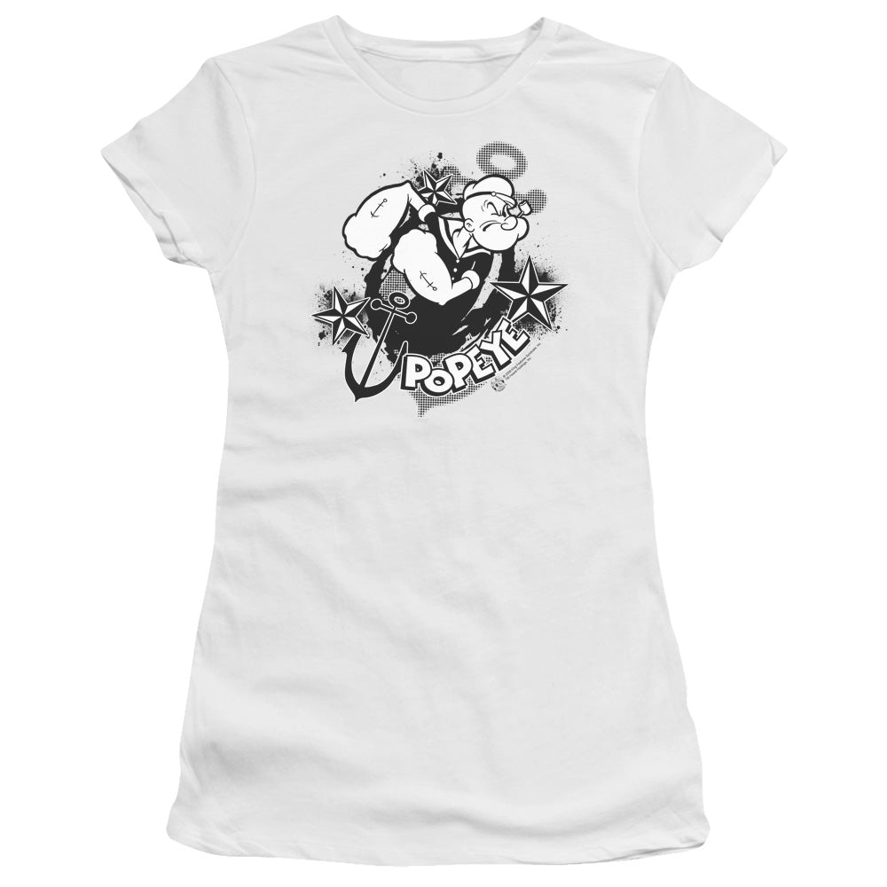 Popeye Stars And Anchor Junior Sheer Cap Sleeve Womens T Shirt White