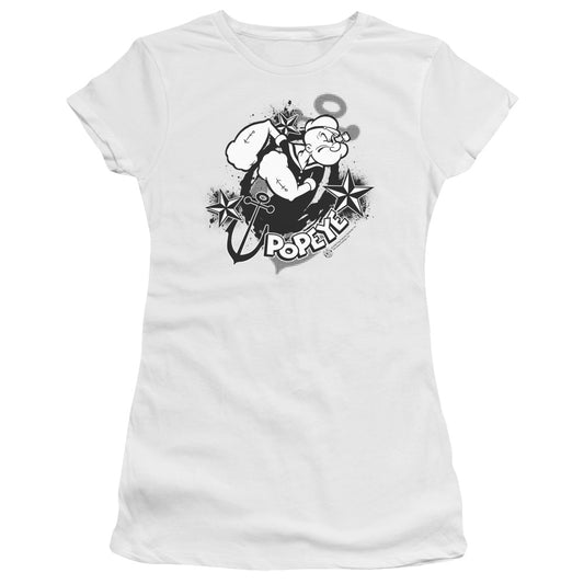 Popeye Stars And Anchor Junior Sheer Cap Sleeve Womens T Shirt White