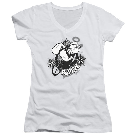 Popeye Stars And Anchor Junior Sheer Cap Sleeve V Neck Womens T Shirt White