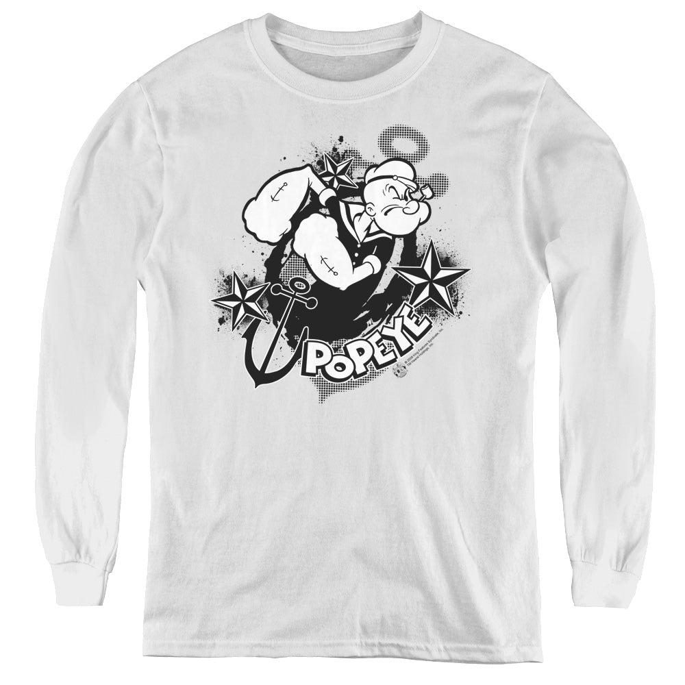 Popeye Stars And Anchor Long Sleeve Kids Youth T Shirt White