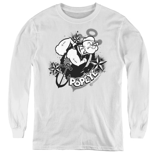 Popeye Stars And Anchor Long Sleeve Kids Youth T Shirt White