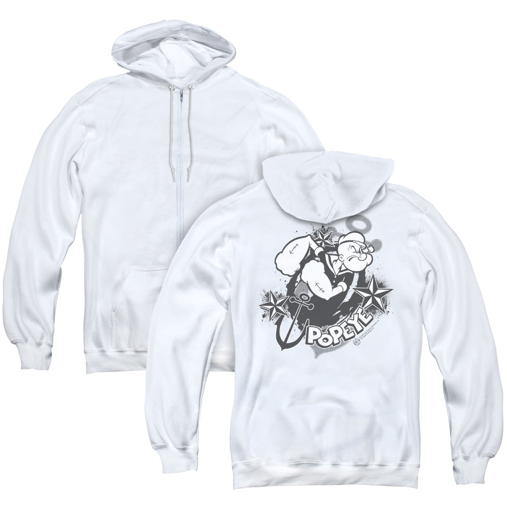 Popeye Stars And Anchor Back Print Zipper Mens Hoodie White