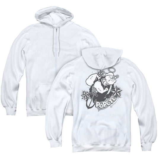 Popeye Stars And Anchor Back Print Zipper Mens Hoodie White