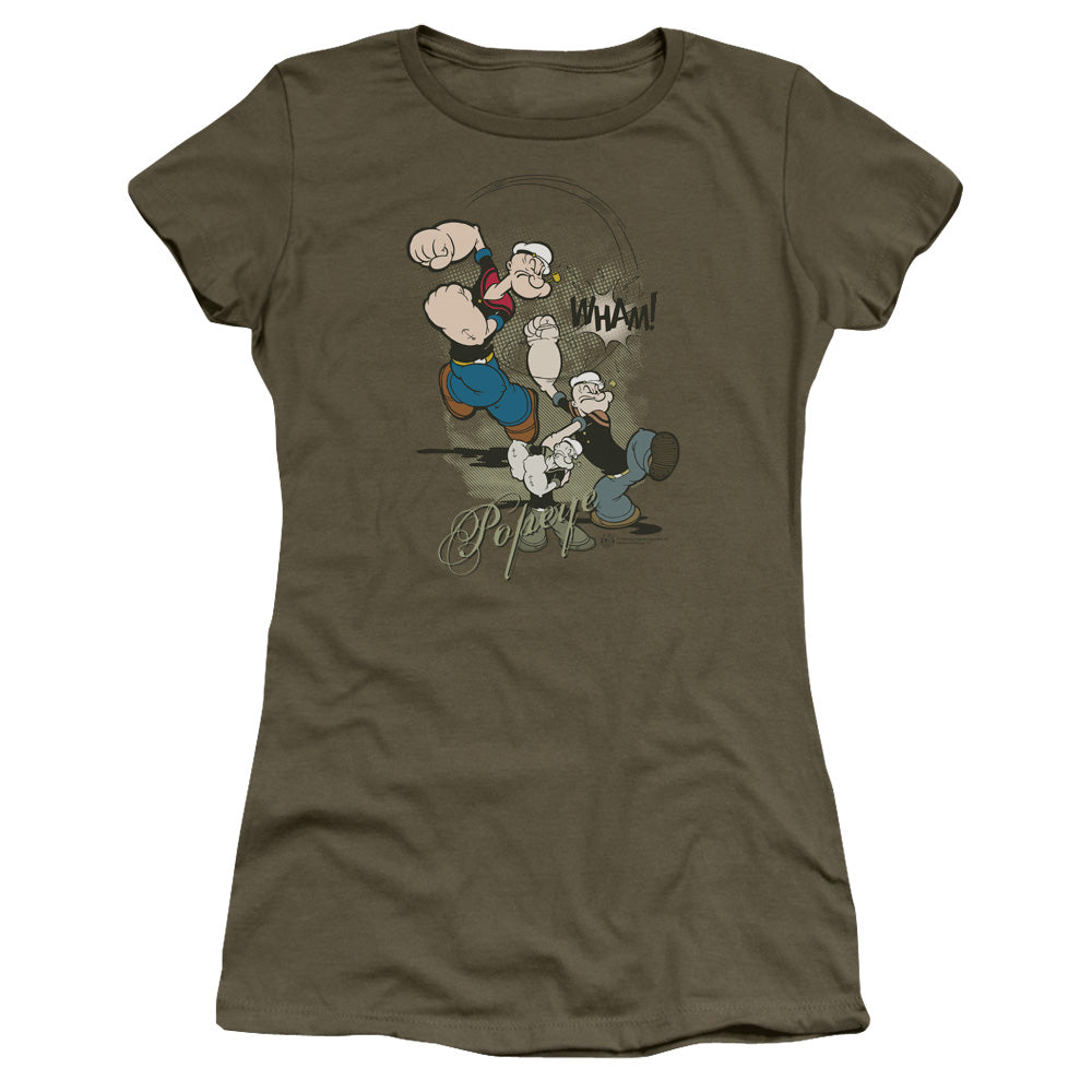 Popeye Three Part Punch Junior Sheer Cap Sleeve Womens T Shirt Military Green