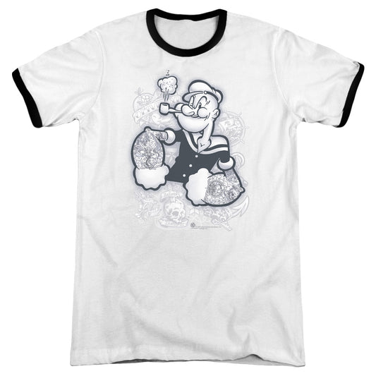 Popeye Tattooed Heather Ringer Mens T Shirt White Black