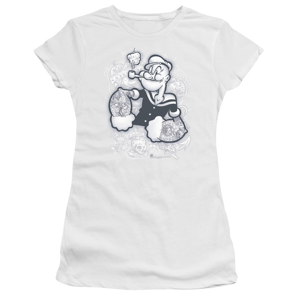 Popeye Tattooed Junior Sheer Cap Sleeve Womens T Shirt White