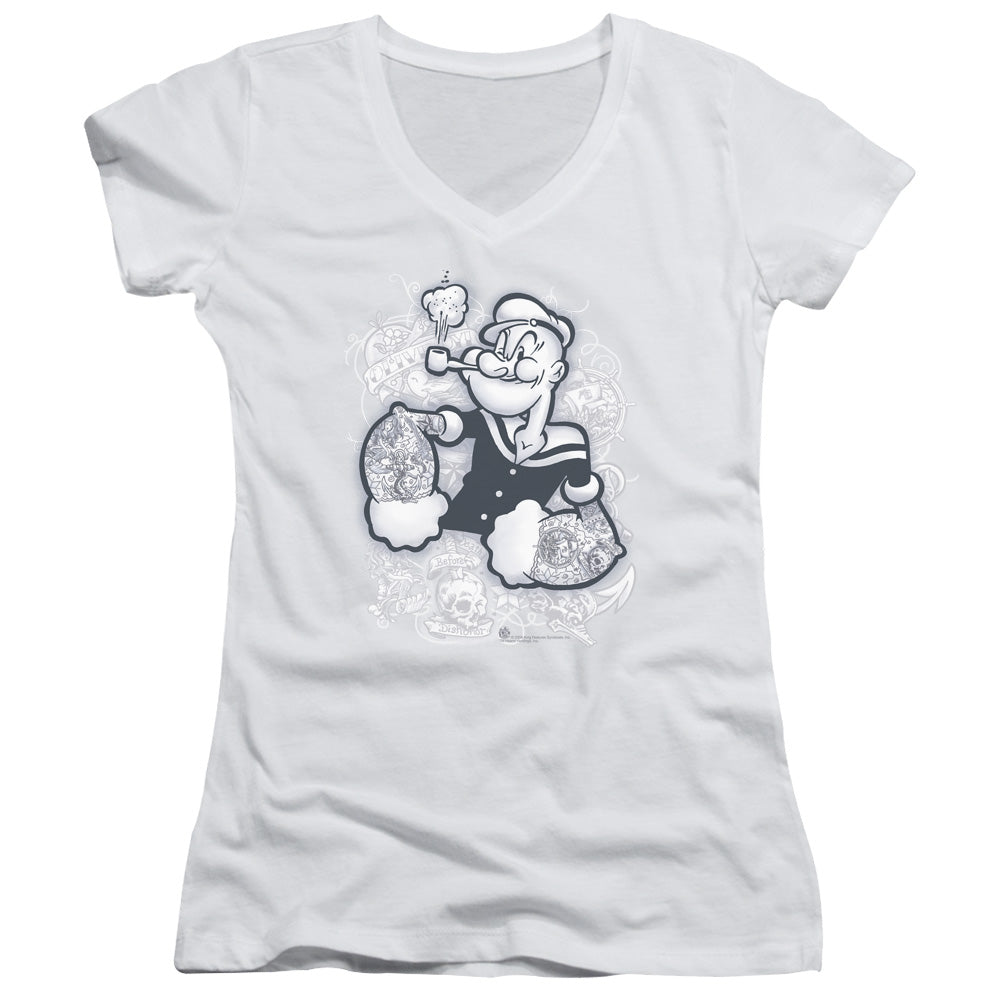 Popeye Tattooed Junior Sheer Cap Sleeve V Neck Womens T Shirt White