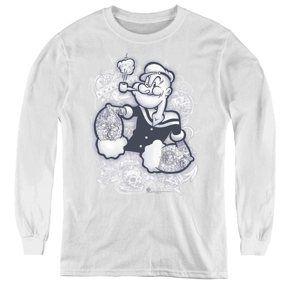 Popeye Tattooed Long Sleeve Kids Youth T Shirt White