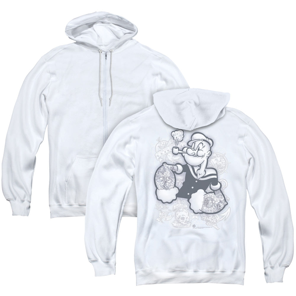 Popeye Tattooed Back Print Zipper Mens Hoodie White