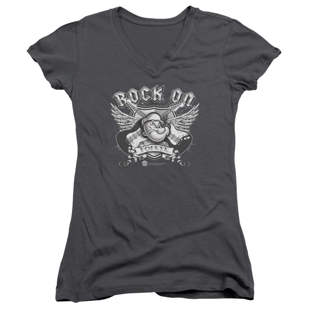 Popeye Rock On Junior Sheer Cap Sleeve V Neck Womens T Shirt Charcoal