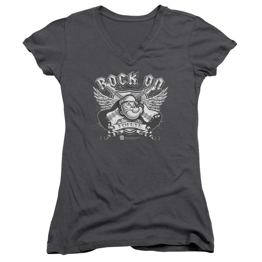 Popeye Rock On Junior Sheer Cap Sleeve V Neck Womens T Shirt Charcoal