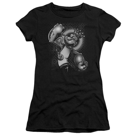 Popeye Spinach King Junior Sheer Cap Sleeve Womens T Shirt Black