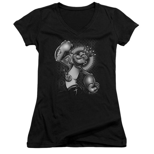 Popeye Spinach King Junior Sheer Cap Sleeve V Neck Womens T Shirt Black