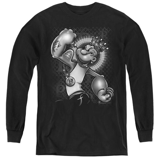 Popeye Spinach King Long Sleeve Kids Youth T Shirt Black