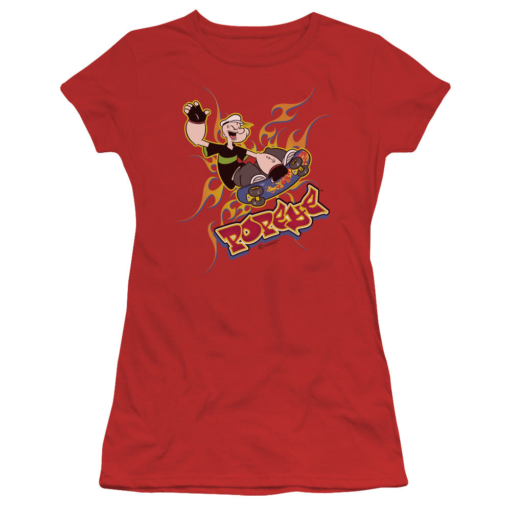 Popeye Get Air Junior Sheer Cap Sleeve Womens T Shirt Red