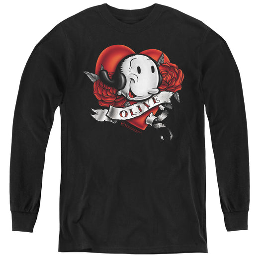 Popeye Olive Tattoo Long Sleeve Kids Youth T Shirt Black