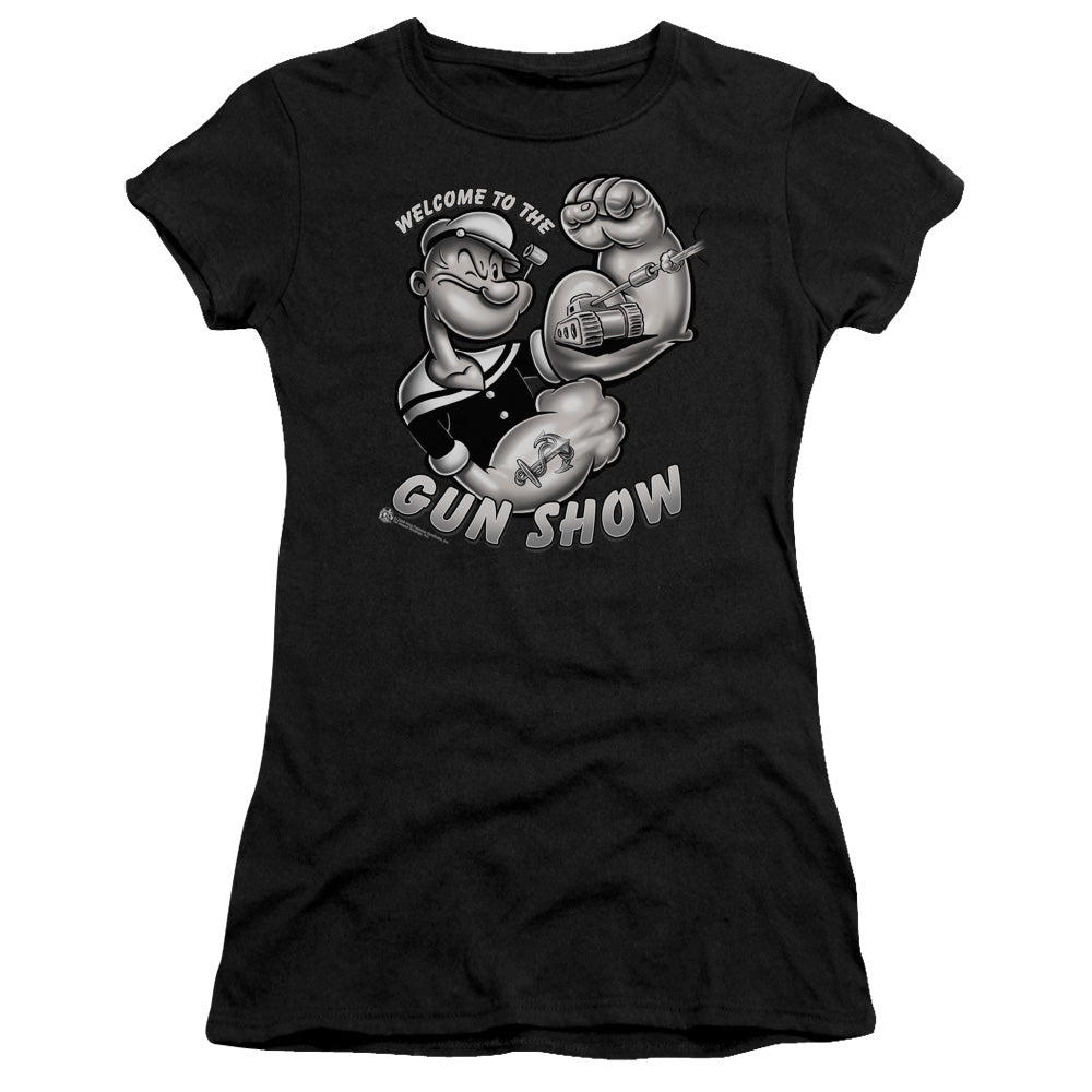 Popeye Gun Show Junior Sheer Cap Sleeve Womens T Shirt Black