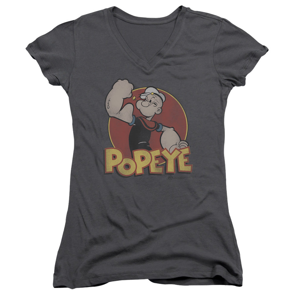 Popeye Retro Ring Junior Sheer Cap Sleeve V Neck Womens T Shirt Charcoal