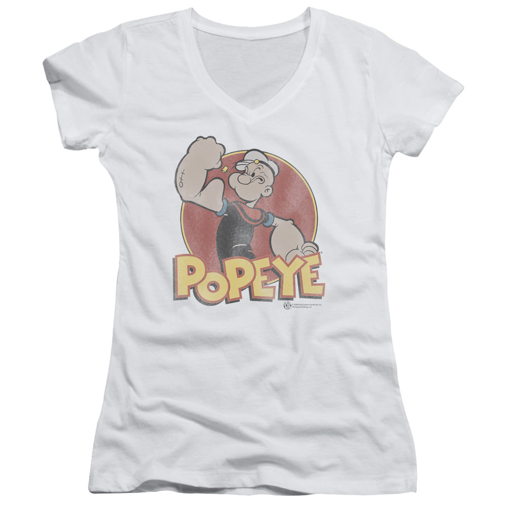 Popeye Retro Ring Junior Sheer Cap Sleeve V Neck Womens T Shirt White