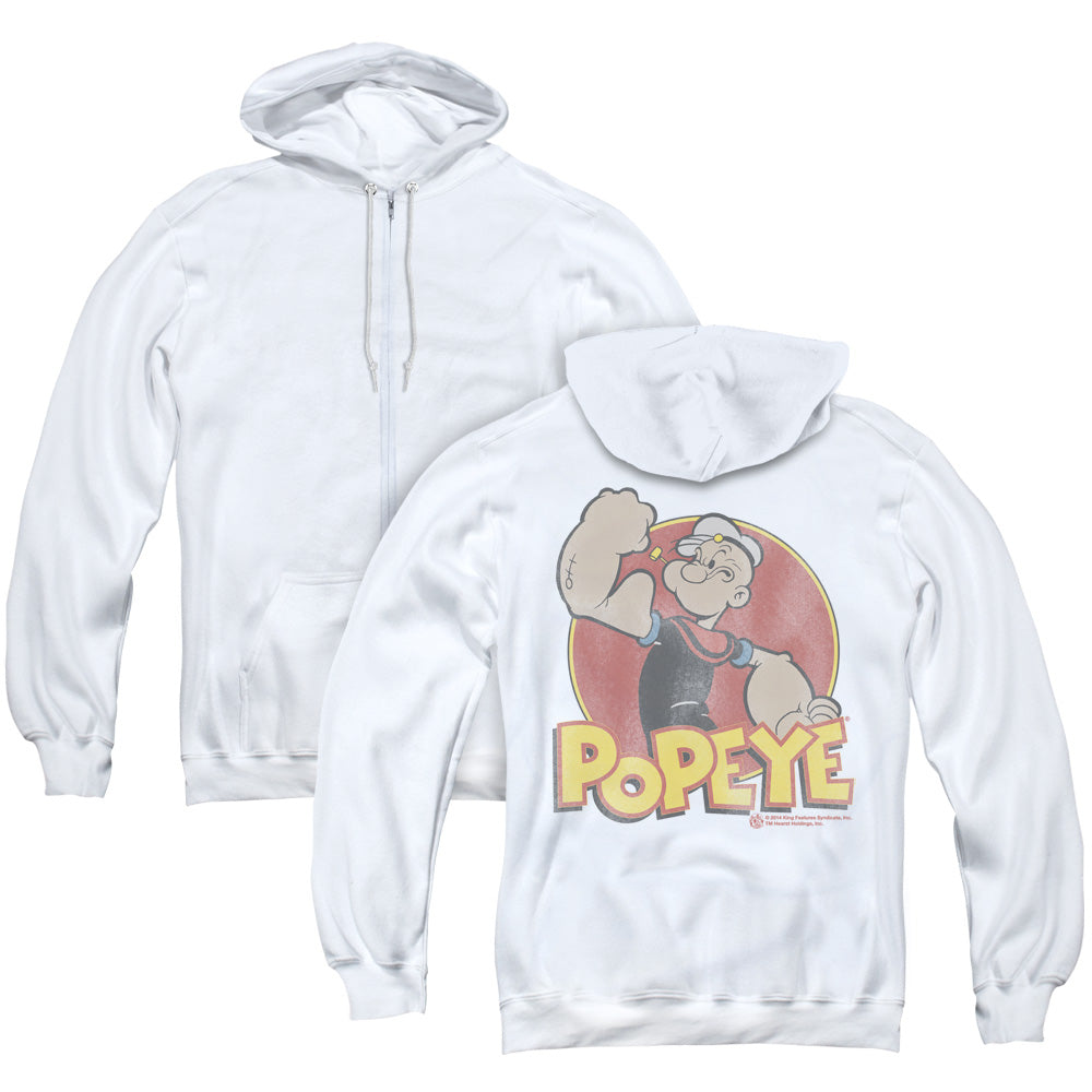 Popeye Retro Ring Back Print Zipper Mens Hoodie White