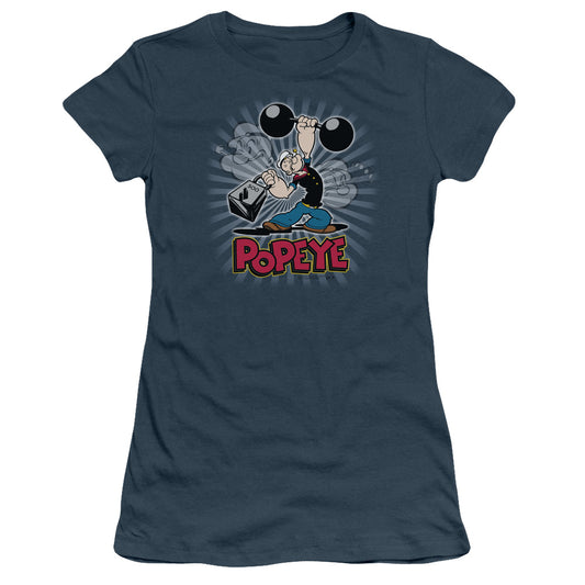 Popeye Strength Junior Sheer Cap Sleeve Womens T Shirt Indigo