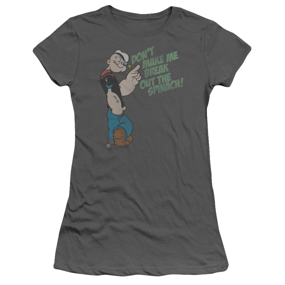 Popeye Break Out Spinach Junior Sheer Cap Sleeve Womens T Shirt Charcoal