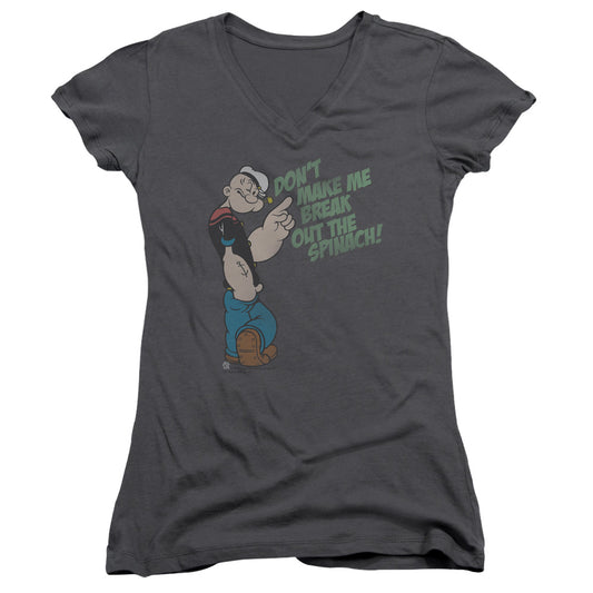 Popeye Break Out Spinach Junior Sheer Cap Sleeve V Neck Womens T Shirt Charcoal