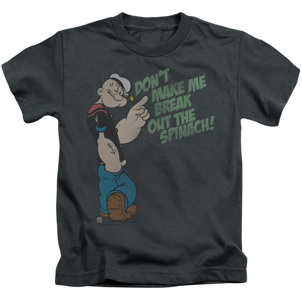 Popeye Break Out Spinach Juvenile Kids Youth T Shirt Charcoal