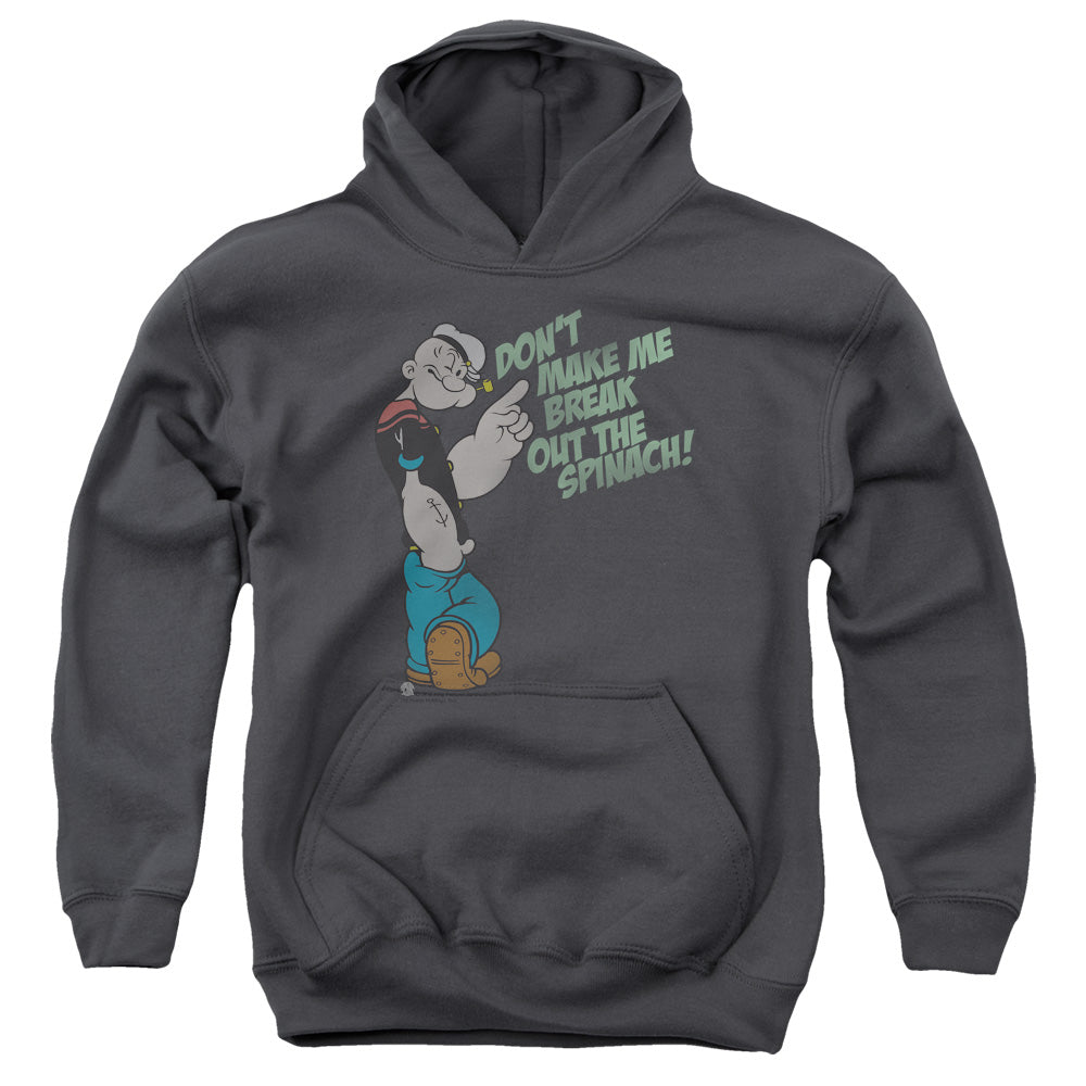 Popeye Break Out Spinach Kids Youth Hoodie Charcoal