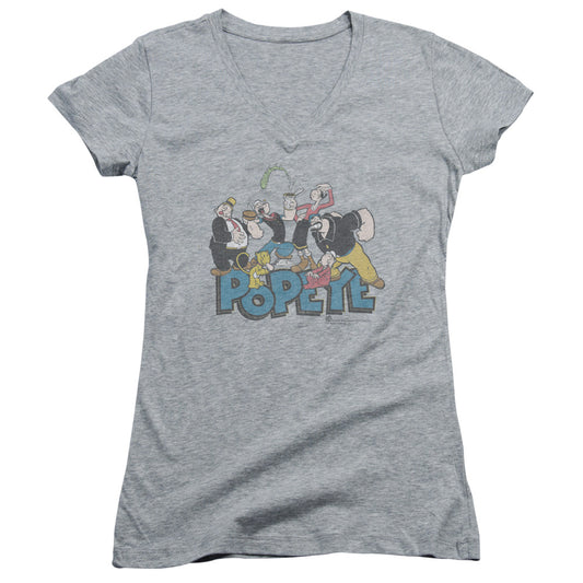 Popeye The Gang Junior Sheer Cap Sleeve V Neck Womens T Shirt Athletic Heather